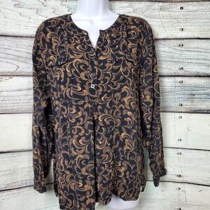Christopher & Banks Women’s Black Tan Print Button Blouse Long Sleeve XL